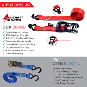Ratchet Straps 4 pack 1.5" x 15' 1500lbs work load 4500lbs break strength